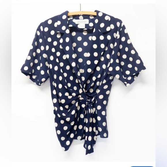Argent Vintage Navy Polka Dot 100% Silk Wrap Top Size 12 Career Classic Polished - Picture 1 of 9